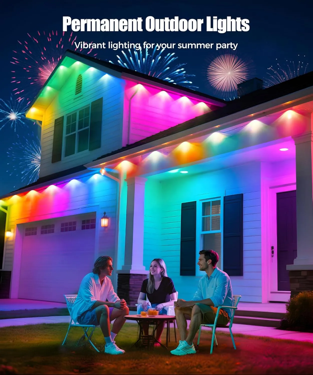 Permanent Outdoor Lights for House, 100ft RGB IC Smart Outdoor Decor, 50 Scene Modes, App/Remote Control, IP67 Waterproof, for Christmas, Holiday, Daily & Pool Party Decor, House Roof Lighting