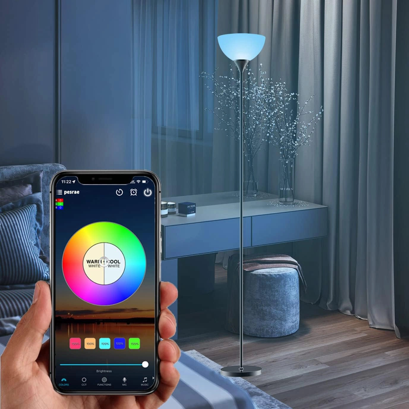 PESRAE Smart RGB Floor Lamp - Compatible with Alexa, Google Assistant WiFi App, Modern Color Changing, Dimmable for Living Room, Bedroom and Play Room