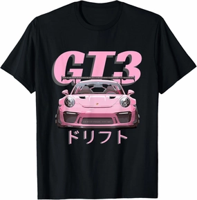 Pink GT3 RS Drift Car Graphic Japan T-Shirt - Men's Unisex Black Short Sleeve Crew Neck - Car Themed Women's T-Shirts - Small