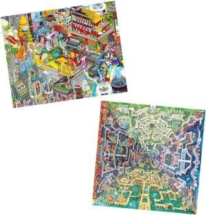 Pintoo - Two Plastic Jigsaw Puzzles Bundle - 1600 Piece - Tom Parker - Myth Maze and Pintoo Jigsaw Puzzle 2000 Piece - MonkiEarz - The Music City [H2375 H2924]