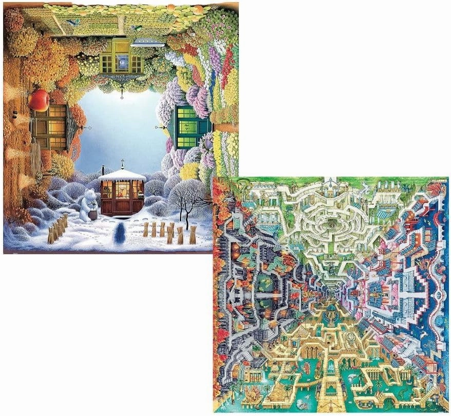 Pintoo Two Plastic Jigsaw Puzzles Bundle - 1600 Piece - Jacek Yerka - Four Seasons and 1600 Piece - Tom Parker - Myth Maze [H1918 H2375]