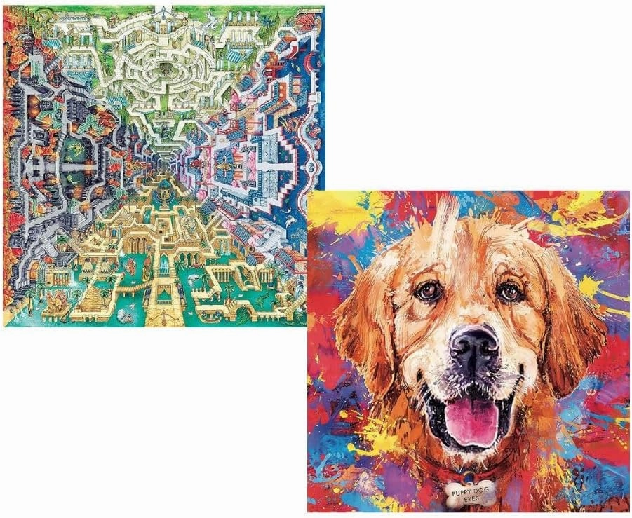 Pintoo Two Plastic Jigsaw Puzzles Bundle - 1600 Piece - Tom Parker - Myth Maze and 1600 Piece - Frank Harris - Golden Retriever [H2375 H2623]