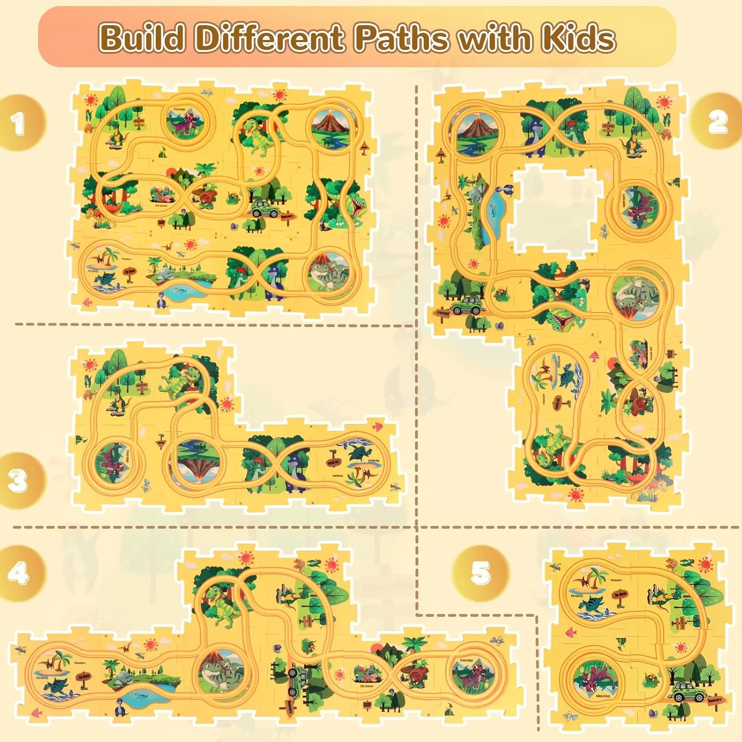 Plastic Dinosaur Puzzles for Kids with A Cute Car, Montessori Toys for 2 3 4 5 6 Year Old Boys, Race Tracks for Kids 3-5, Toddler Puzzle Track Play Set, Gifts for 2 3 4 5 6 Year Old Boys Toys