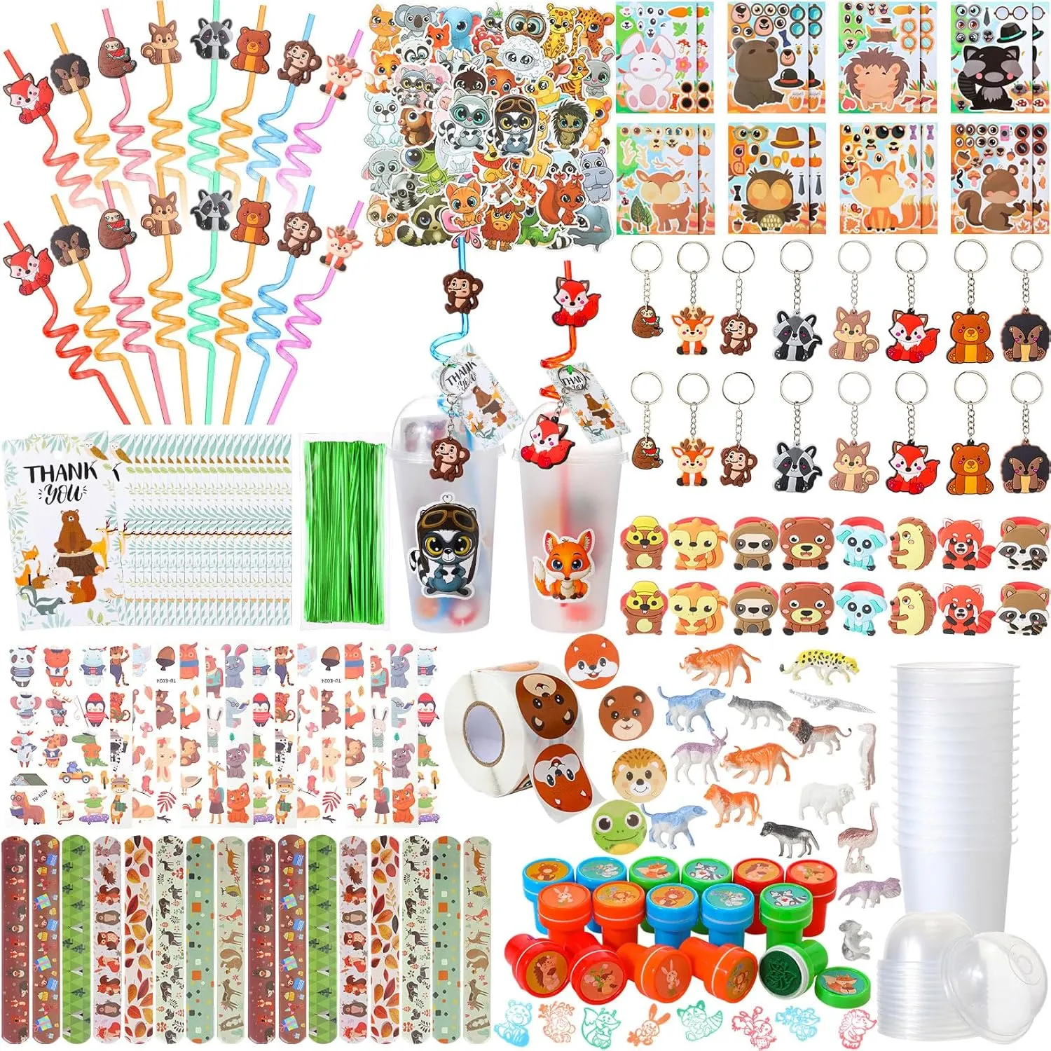 Poen 212 Pcs Woodland Party Favors Set Include Cup Straw Stamp Clap Bracelet Keychain Ring Puzzle Sticker Animal Miniature Card for Birthday Party Baby Shower Goody Bag Stuffer