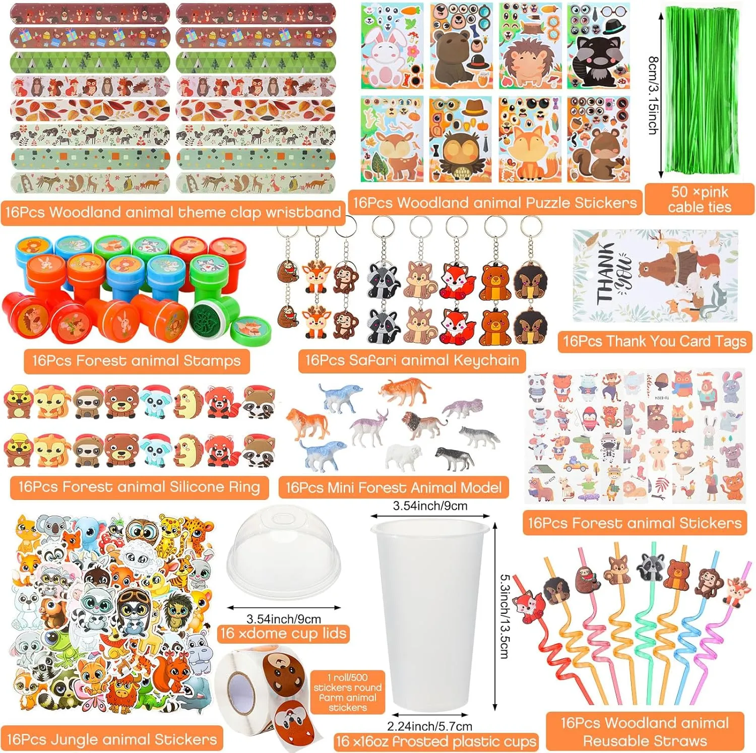 Poen 212 Pcs Woodland Party Favors Set Include Cup Straw Stamp Clap Bracelet Keychain Ring Puzzle Sticker Animal Miniature Card for Birthday Party Baby Shower Goody Bag Stuffer
