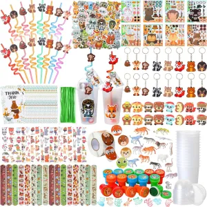 Poen 212 Pcs Woodland Party Favors Set Include Cup Straw Stamp Clap Bracelet Keychain Ring Puzzle Sticker Animal Miniature Card for Birthday Party Baby Shower Goody Bag Stuffer