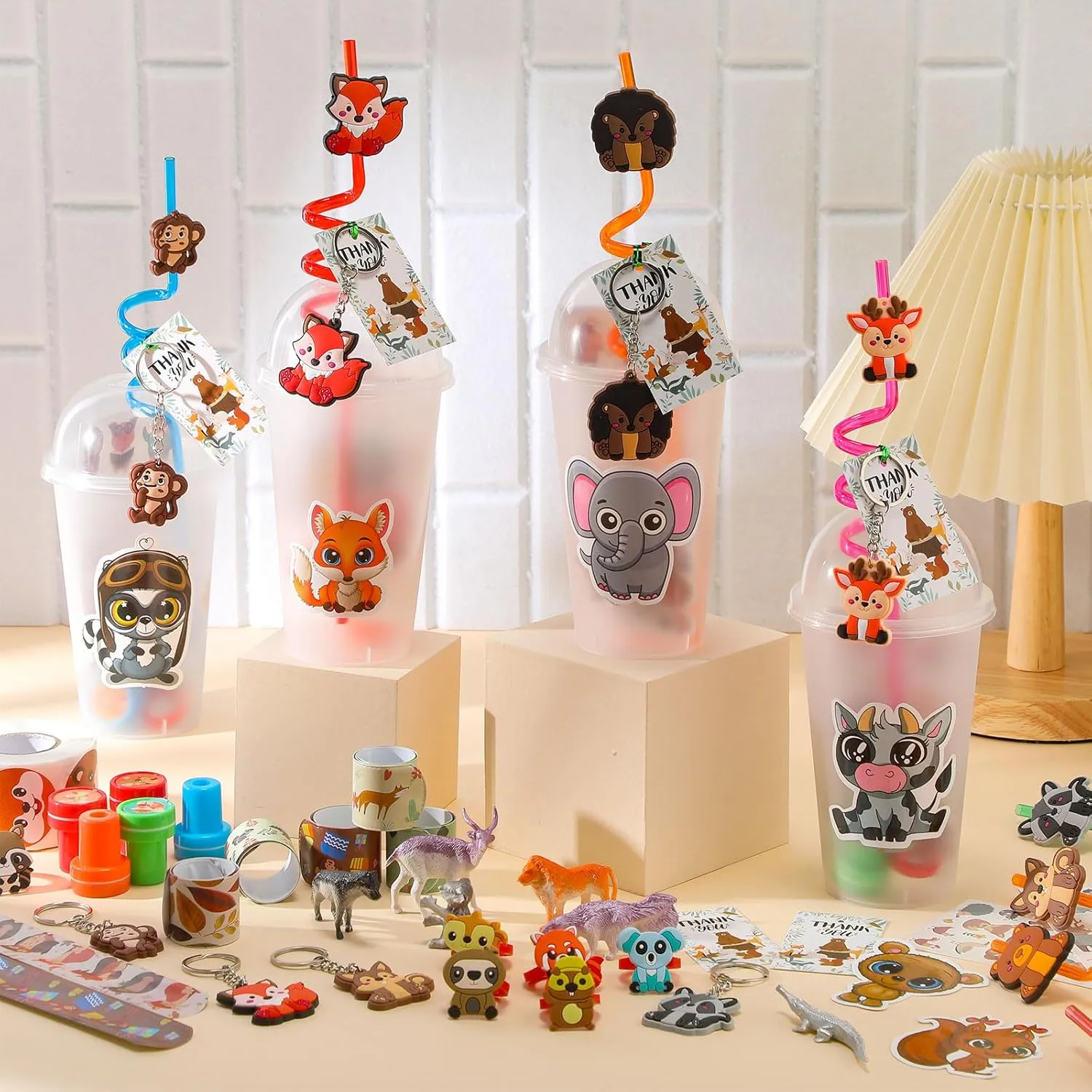 Poen 212 Pcs Woodland Party Favors Set Include Cup Straw Stamp Clap Bracelet Keychain Ring Puzzle Sticker Animal Miniature Card for Birthday Party Baby Shower Goody Bag Stuffer