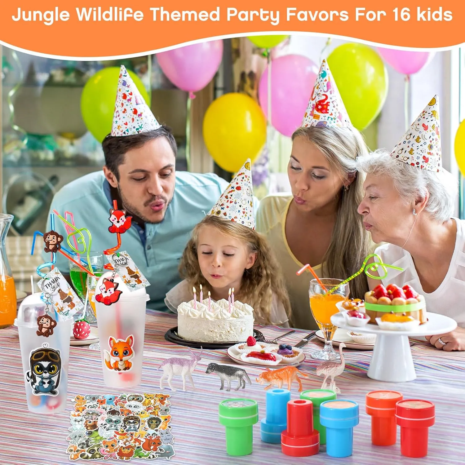 Poen 212 Pcs Woodland Party Favors Set Include Cup Straw Stamp Clap Bracelet Keychain Ring Puzzle Sticker Animal Miniature Card for Birthday Party Baby Shower Goody Bag Stuffer