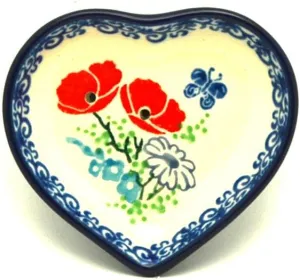 Polish Pottery Tea Bag Holder - Heart - Red Poppy Garden