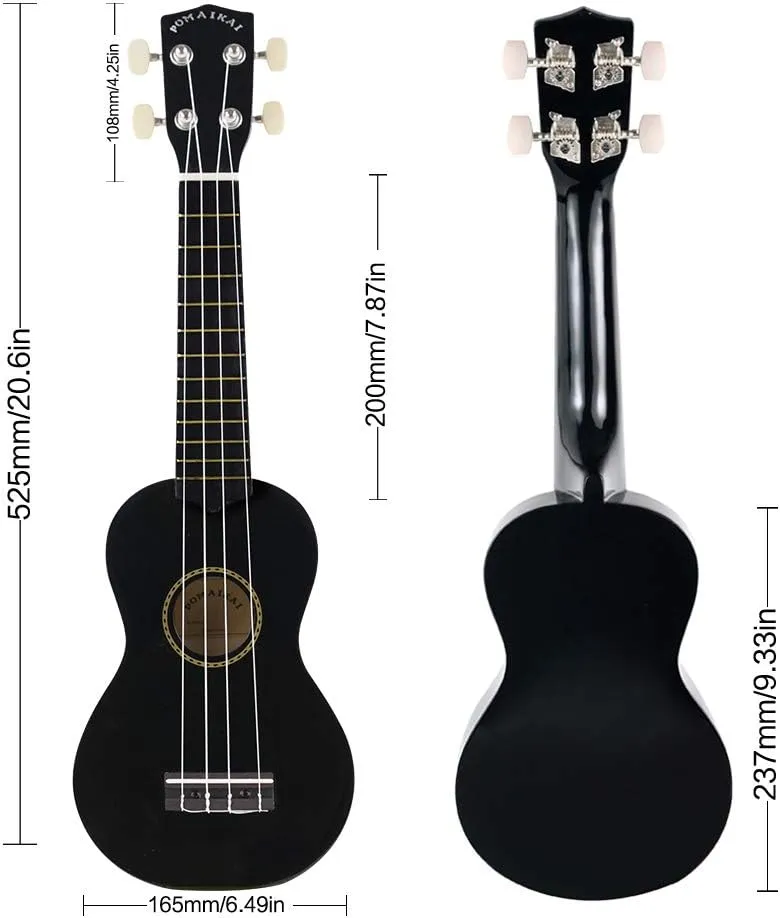 POMAIKAI Ukulele Musical Instruments Starter Wood Soprano Ukele Hawaiian Small Guitar Ukelele 21" Beginner Adult and Students (Black)