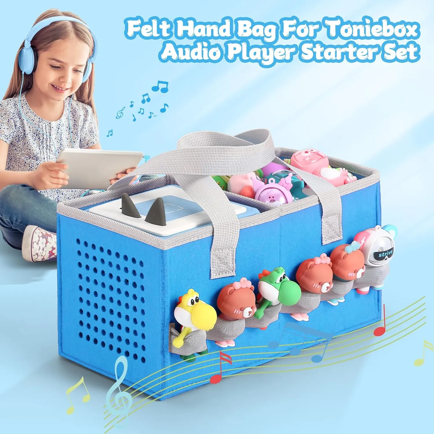 Portable Carrying Case Compatible with Toniebox Starter Set and Tonies Figurines,Travel Felt Cloth Musical Toy Folding Bag for Toniebox Accessories (Blue)