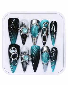Press on Nails Handmade Nails Luxury Reusable Fake Nails For Girls long Almond Armor Tip Black Blue Diamonds Hand Painted Salon Loveful Design Acrylic GelUV Finished 3D Nails 10PCS (A036,M)