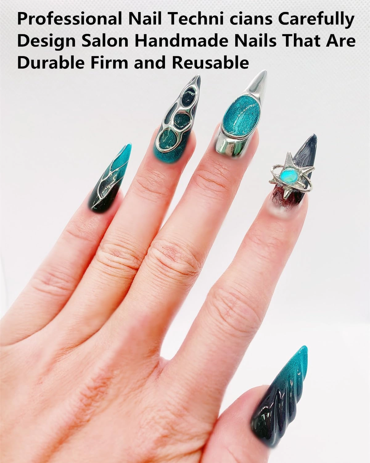 Press on Nails Handmade Nails Luxury Reusable Fake Nails For Girls long Almond Armor Tip Black Blue Diamonds Hand Painted Salon Loveful Design Acrylic GelUV Finished 3D Nails 10PCS (A036,M)