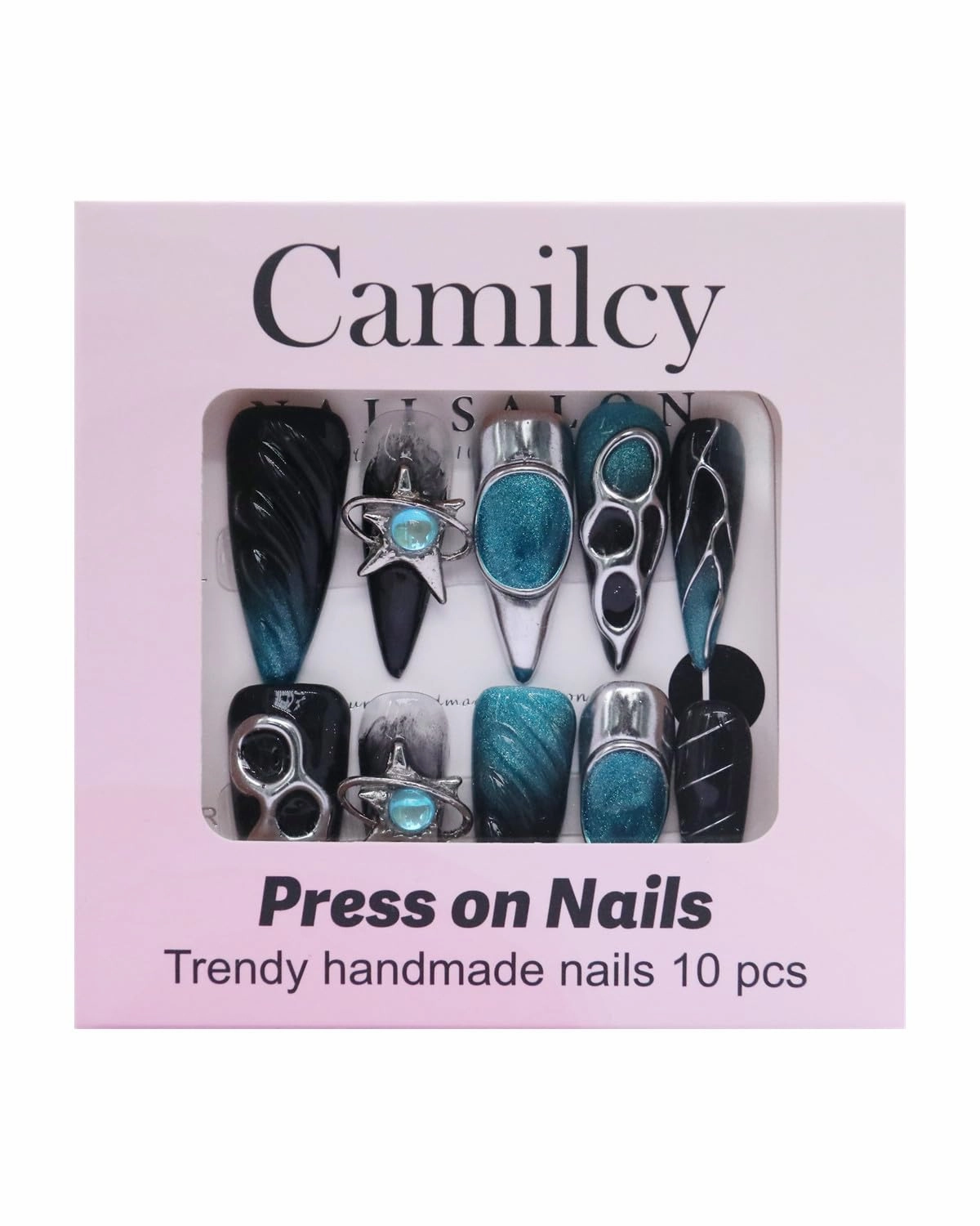 Press on Nails Handmade Nails Luxury Reusable Fake Nails For Girls long Almond Armor Tip Black Blue Diamonds Hand Painted Salon Loveful Design Acrylic GelUV Finished 3D Nails 10PCS (A036,M)