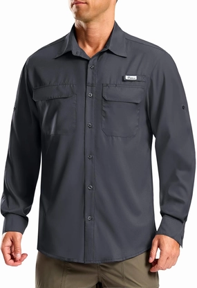 Pudolla Men's Sun Protection Fishing Shirt Lightweight Long Sleeve UPF 50  Hiking Shirt for Men Outdoor Travel with Pockets