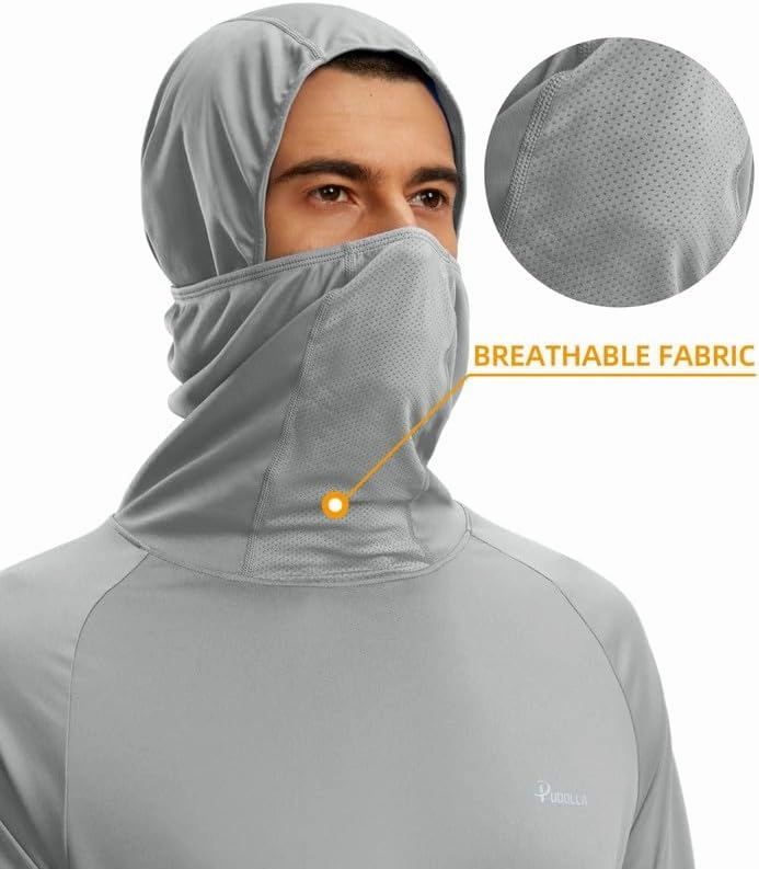 Pudolla Men's Sun Protection Hoodie UPF 50  Fishing Hiking Shirt UV Shirts with Mask for Men Long Sleeve Lightweight