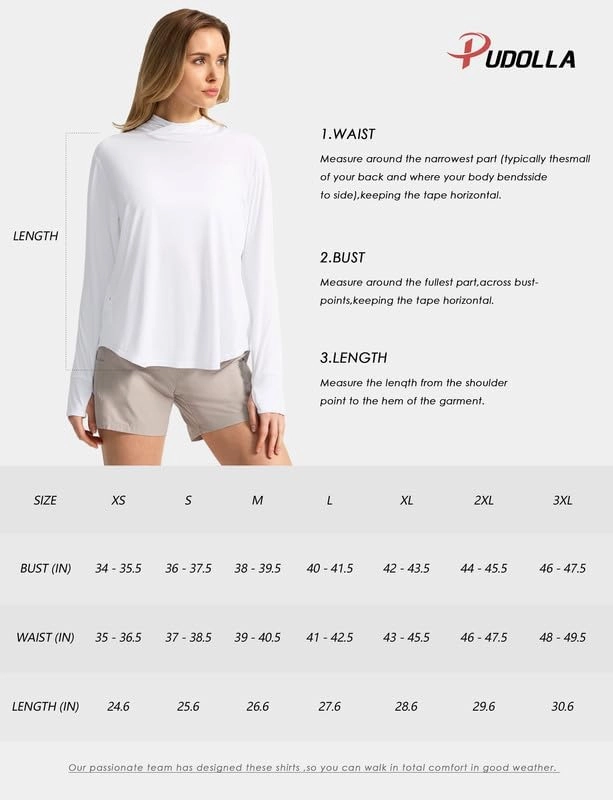 Pudolla Women's Sun Protection Shirt UPF 50  Long Sleeve Lightweight UV Hoodie for Women Hiking Outdoor Fishing Summer