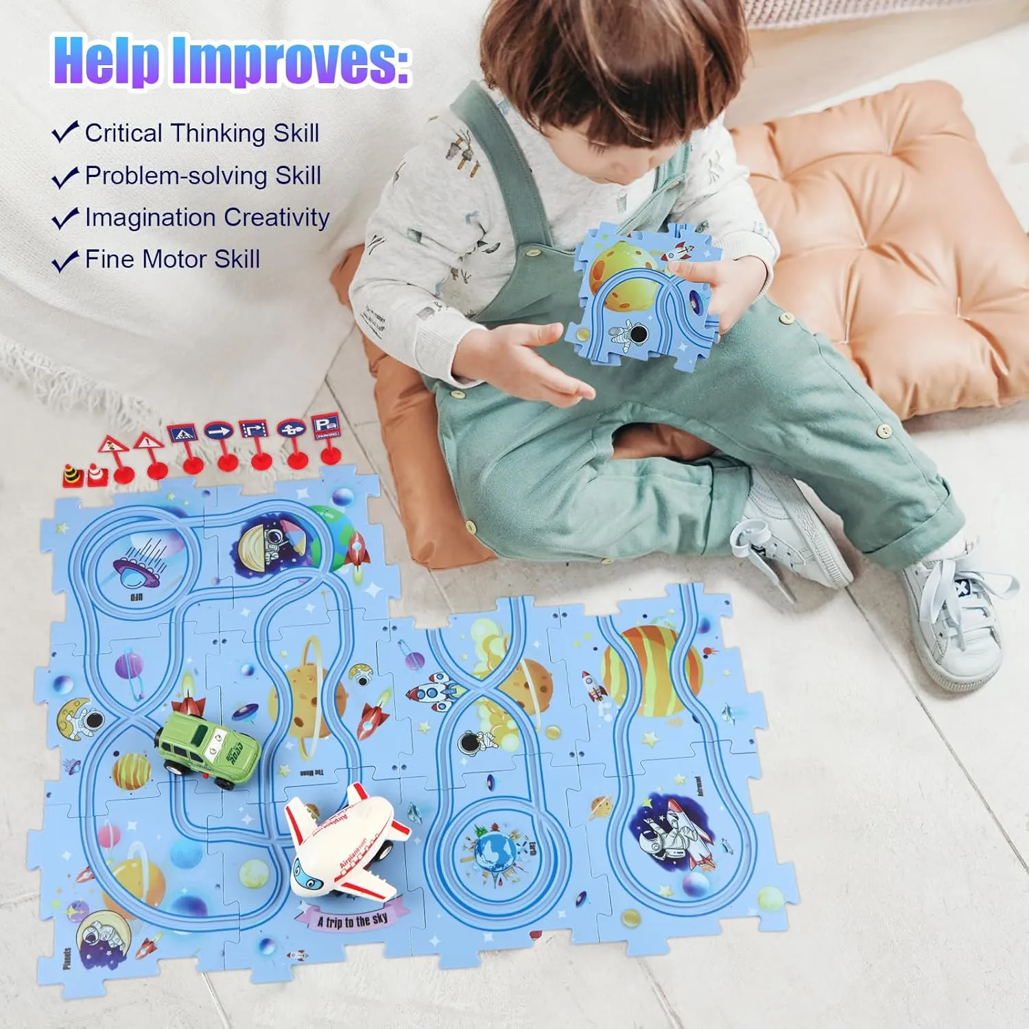 Puzzle Racer Car Track Set with Vehicle & Puzzle Board for Kids Ages 3  (4 Styles & 4 Vehicles)
