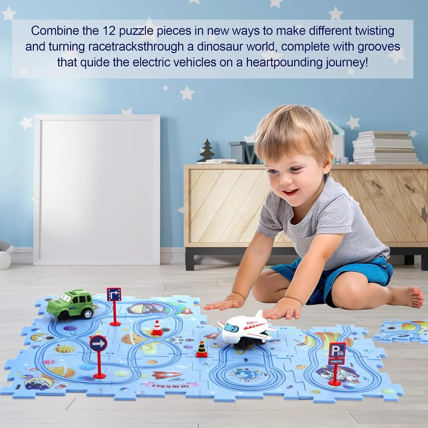 Puzzle Racer Car Track Set with Vehicle & Puzzle Board for Kids Ages 3  (4 Styles & 4 Vehicles)