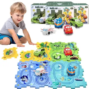 Puzzle Racer Car Track Set with Vehicle & Puzzle Board for Kids Ages 3  (4 Styles & 4 Vehicles)