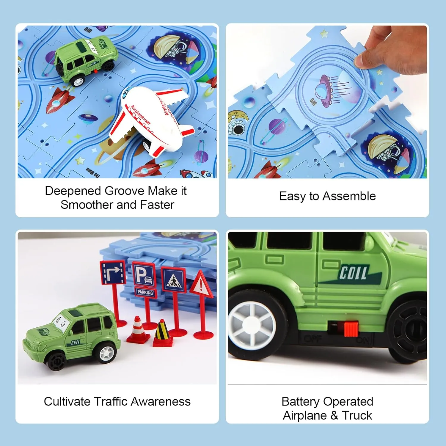 Puzzle Racer Car Track Set with Vehicle & Puzzle Board for Kids Ages 3  (4 Styles & 4 Vehicles)