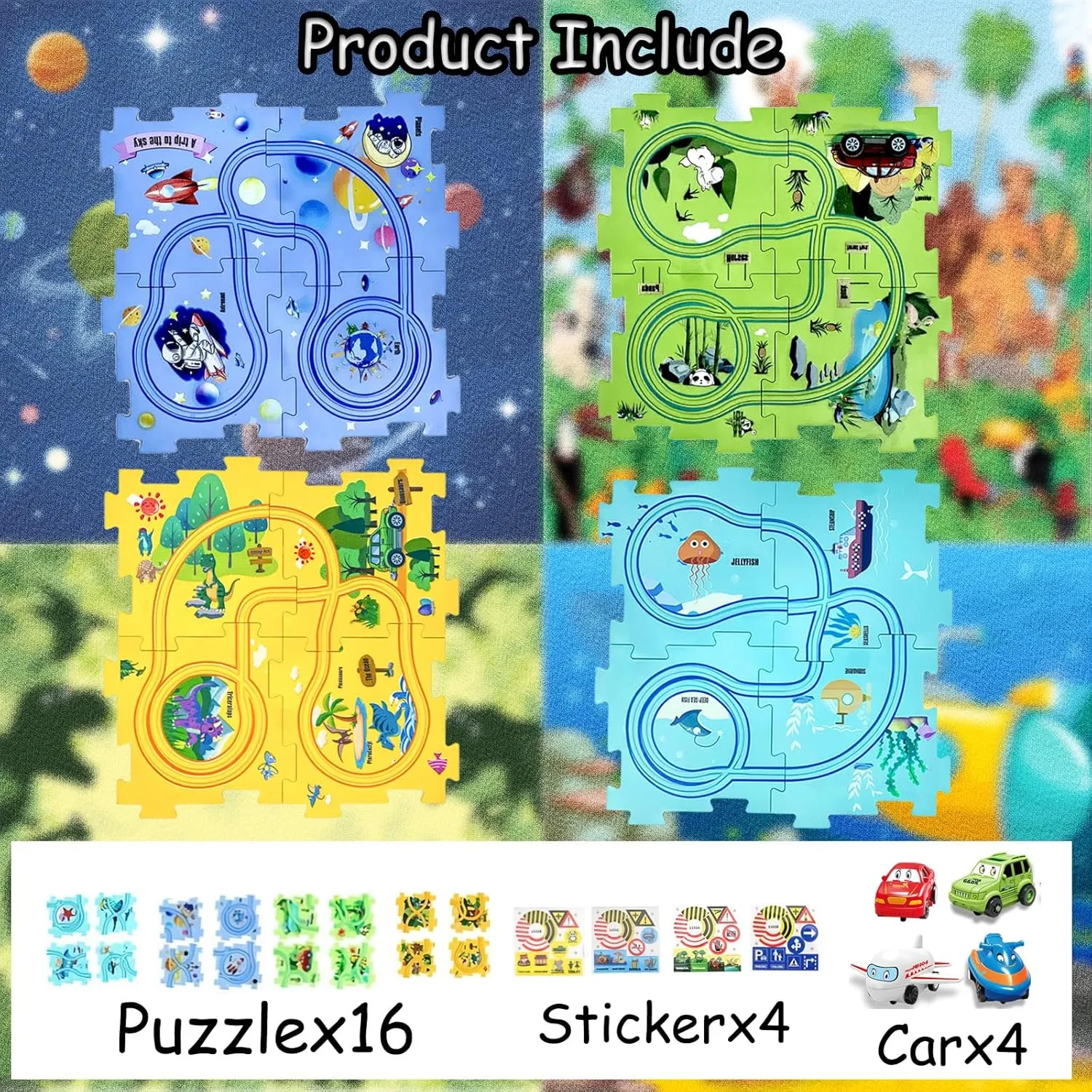 Puzzle Racer Car Track Set with Vehicle & Puzzle Board for Kids Ages 3  (4 Styles & 4 Vehicles)