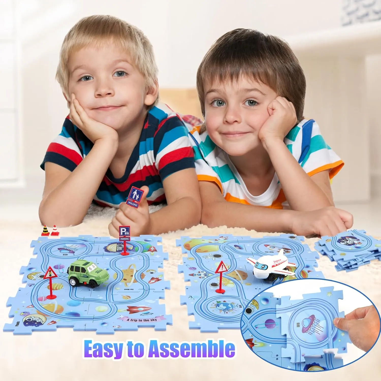 Puzzle Racer Car Track Set with Vehicle & Puzzle Board for Kids Ages 3  (4 Styles & 4 Vehicles)