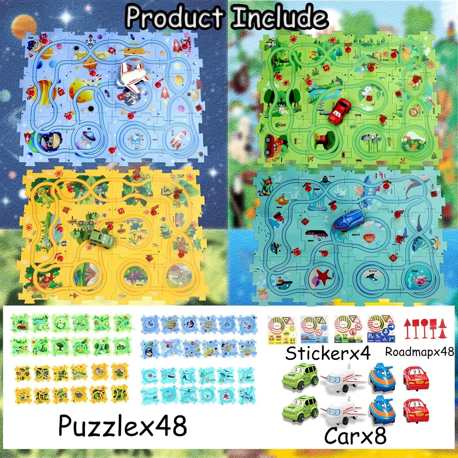 Puzzle Racer Car Track Set with Vehicle & Puzzle Board for Kids Ages 3  (4 Styles & 8 Vehicles)