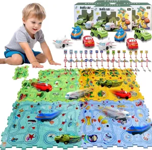 Puzzle Racer Car Track Set with Vehicle & Puzzle Board for Kids Ages 3  (4 Styles & 8 Vehicles)