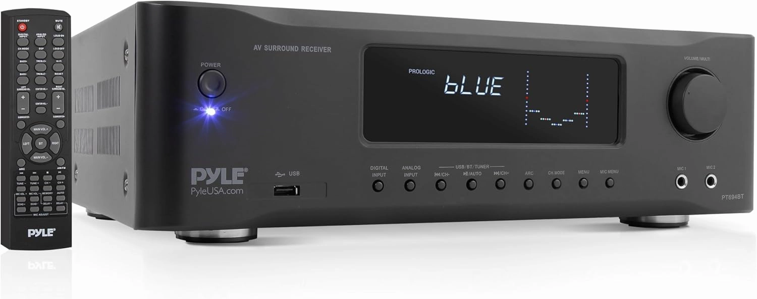 Pyle 5.2-Channel Hi-Fi Bluetooth Stereo Amplifier- 1000 Watt AV Home Speaker Subwoofer Sound Receiver with Radio, USB, RCA, HDMI, Mic In, Wireless Streaming, Supports 4K UHD TV, 3D, Blu-Ray - PT694BT