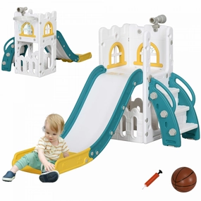 Qaba Toddler Slide, 4 In 1 Slide For Kids Aged 1-3 Years With Basketball Hoop, Climber, Telescope, S|Qaba Toboggan 4 En 1 Pour Enfants Ages De 1 A 3 Ans Avec Panier De Basket, Grimpeur, Telescope, Pani