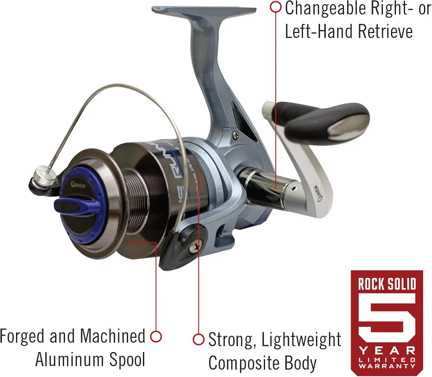 Quantum Blue Runner Spinning Fishing Reel, Changeable Right- or Left-Hand Retrieve, Lightweight Composite Body, TRU Balance Rotor, Blue, Clam Packaging