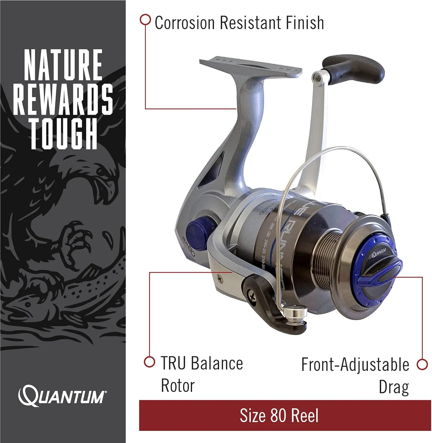 Quantum Blue Runner Spinning Fishing Reel, Changeable Right- or Left-Hand Retrieve, Lightweight Composite Body, TRU Balance Rotor, Blue, Clam Packaging