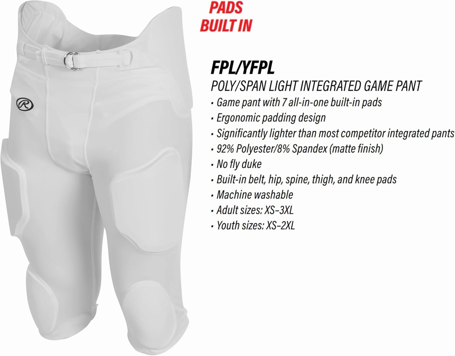 Rawlings Boys' Fpl Lightweight Football Pants | Integrated Pads | Practice/Game Use | Youth Sizes | Multiple Colors