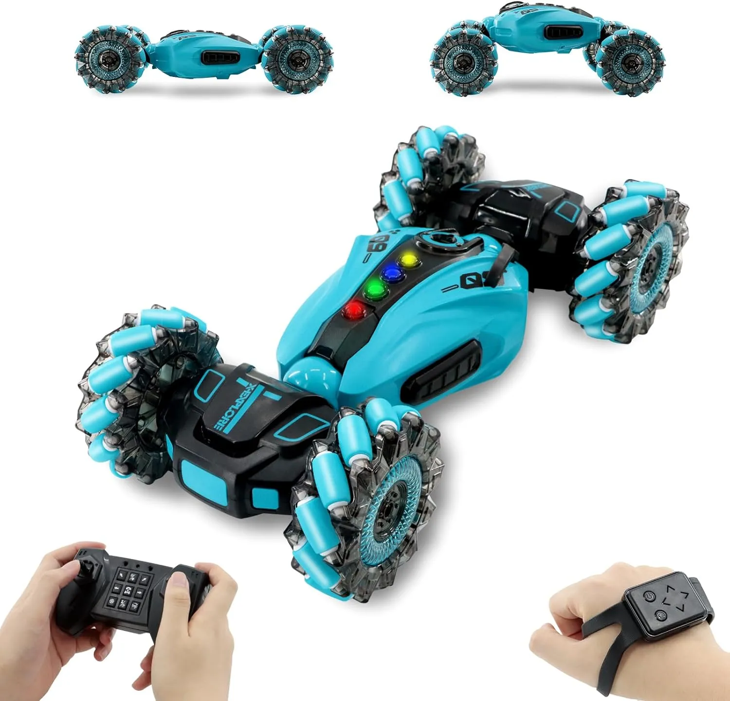 RC Stunt Car, 2.4GHz Remote Control Gesture Sensor Toy Cars, Double Sided Rotating Off Road Vehicle 360° Flips with Cool Lights, Spray， Music，for Boys and Girl 8-12 Year Old（Blue）