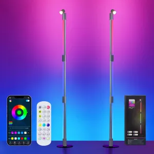 RGB IC Floor Lamp, 2 Pack Smart LED Corner Lamp with Music Sync and 16 Million DIY Colors, App & Remote Control, 360° Rotating Standing Floor Lamp with Spotlight for Bedroom Living Room