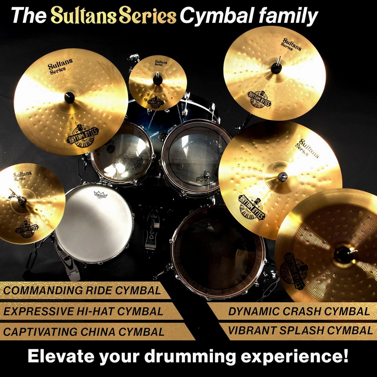 Rhythm Bytes Cymbal Set - New Sultans Series | Complete 7-pcs Drums Set Cymbal Pack Includes 14" Hi-Hats, 16" Fast Crash, 18" Crash, 20" Ride, 10" Splash, 18" China