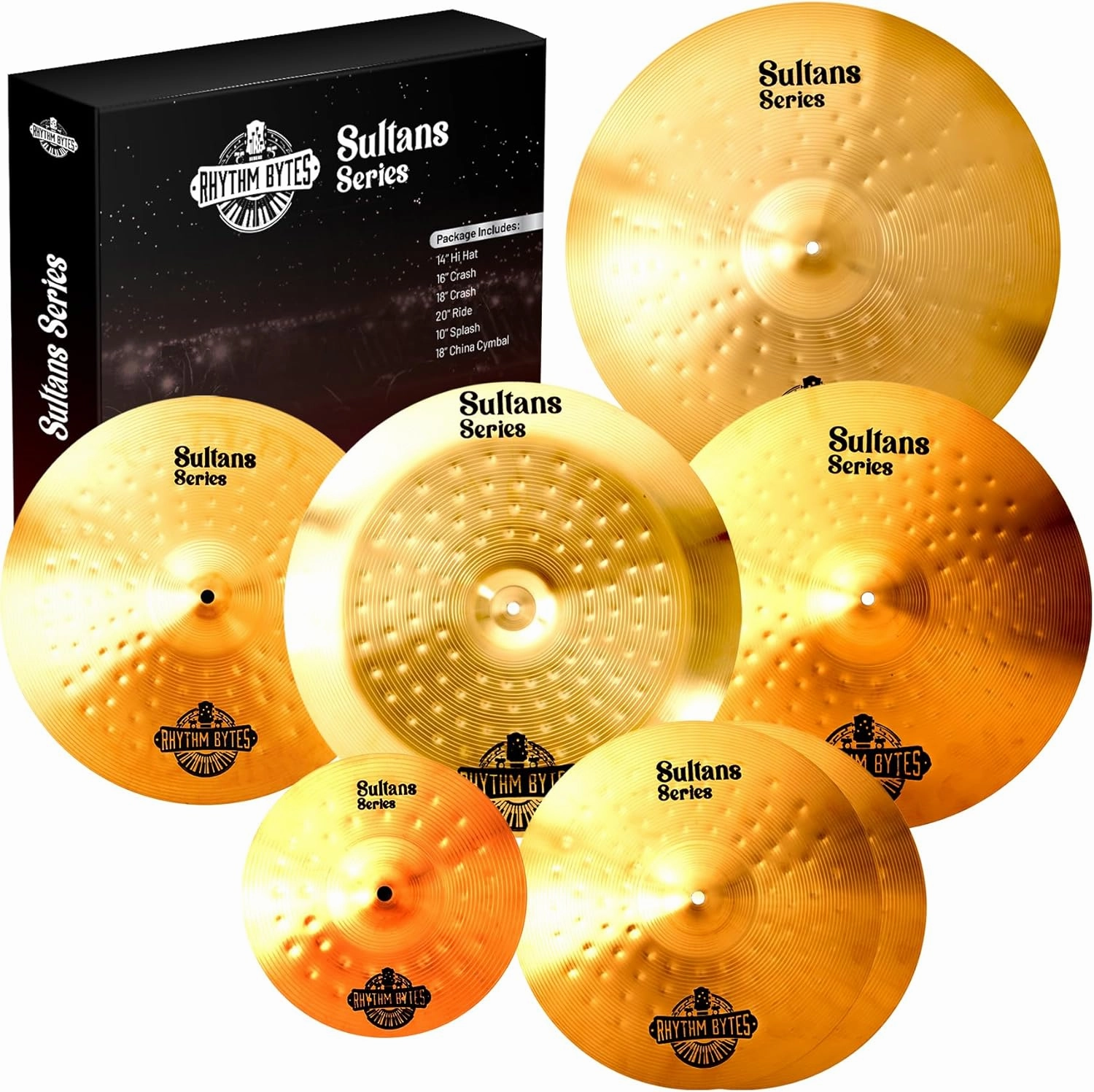 Rhythm Bytes Cymbal Set - New Sultans Series | Complete 7-pcs Drums Set Cymbal Pack Includes 14" Hi-Hats, 16" Fast Crash, 18" Crash, 20" Ride, 10" Splash, 18" China