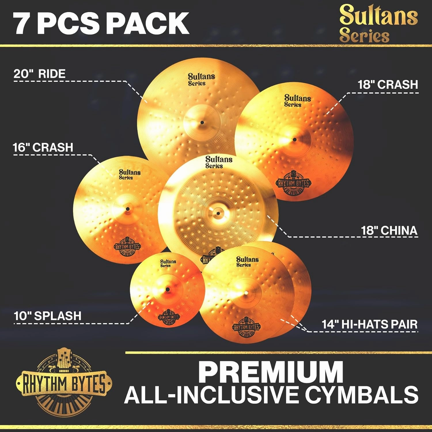 Rhythm Bytes Cymbal Set - New Sultans Series | Complete 7-pcs Drums Set Cymbal Pack Includes 14" Hi-Hats, 16" Fast Crash, 18" Crash, 20" Ride, 10" Splash, 18" China