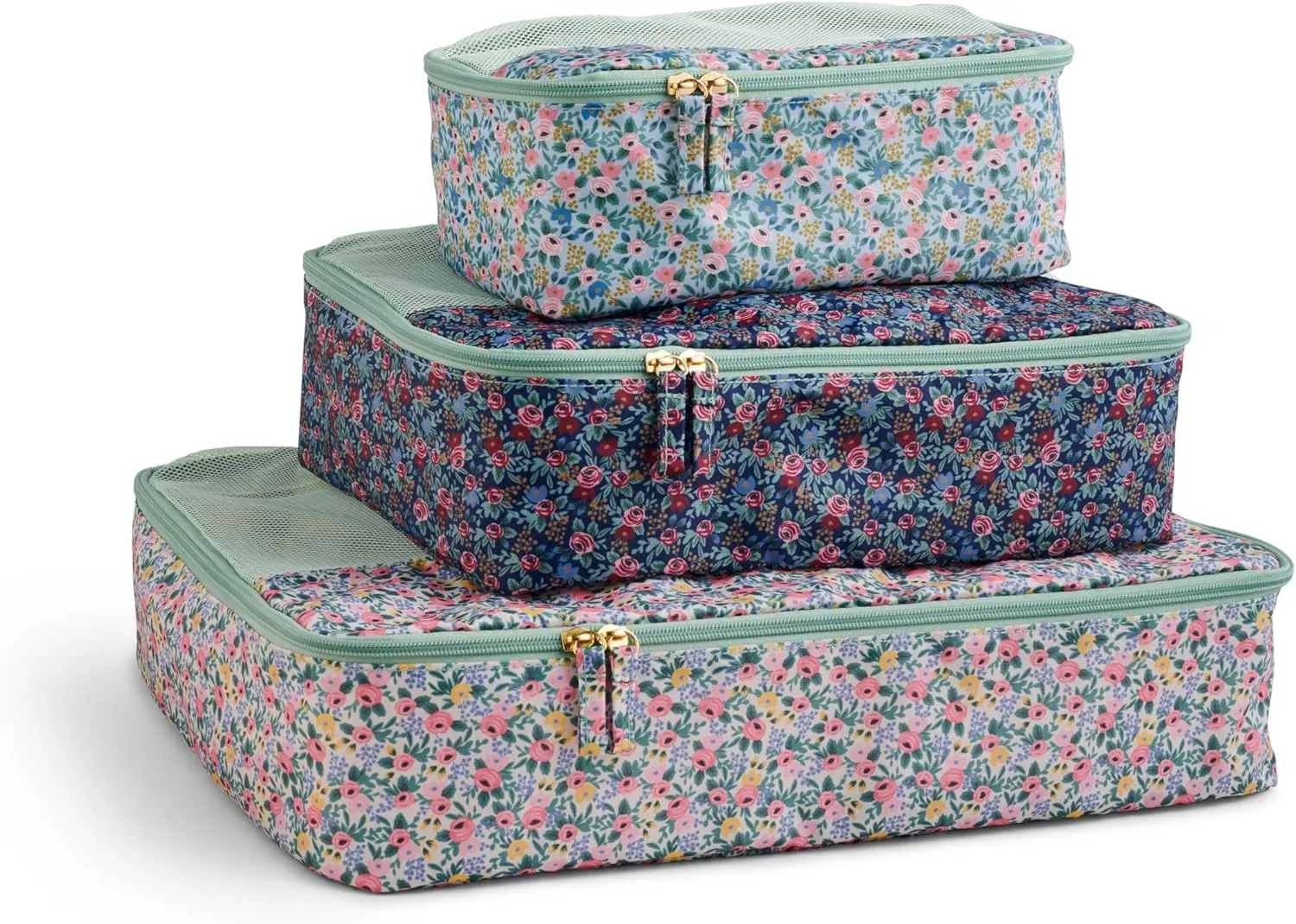 RIFLE PAPER CO. Soft Sided Packing Cubes Set of 3. Includes Small, Medium, Large and a Laundry Bag, Travel Must Have Accessory, Stylized Pattern, Floral Rosa