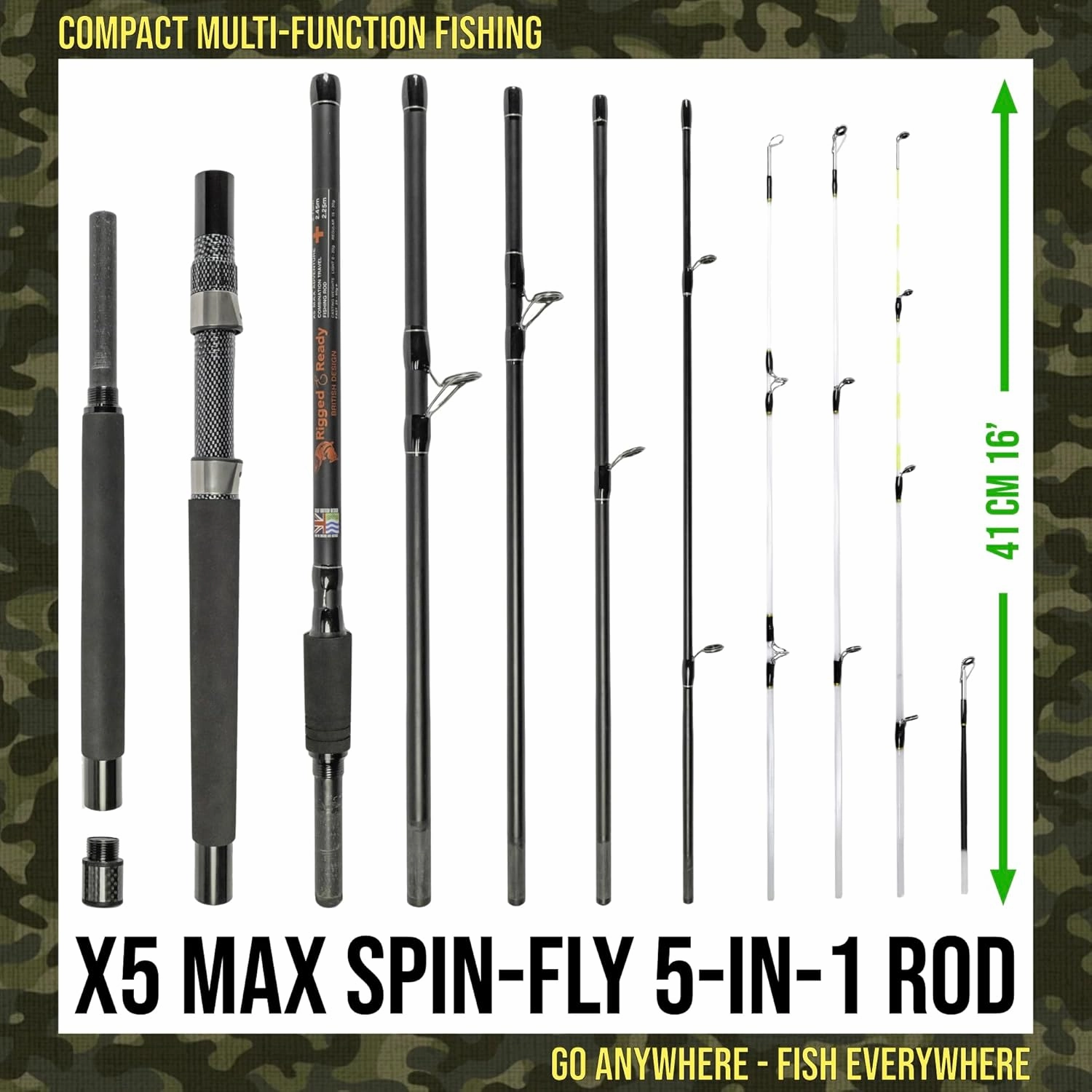 Rigged & Ready X Series Travel Fishing Rods. 6 Super Compact, Multi-Functional, Portable, Spin, Bass, Carp, Lure, Float, Fly Combos   Poles. 4 or 6 Tips & 5 to 25 Techniques Freshwater & Saltwater