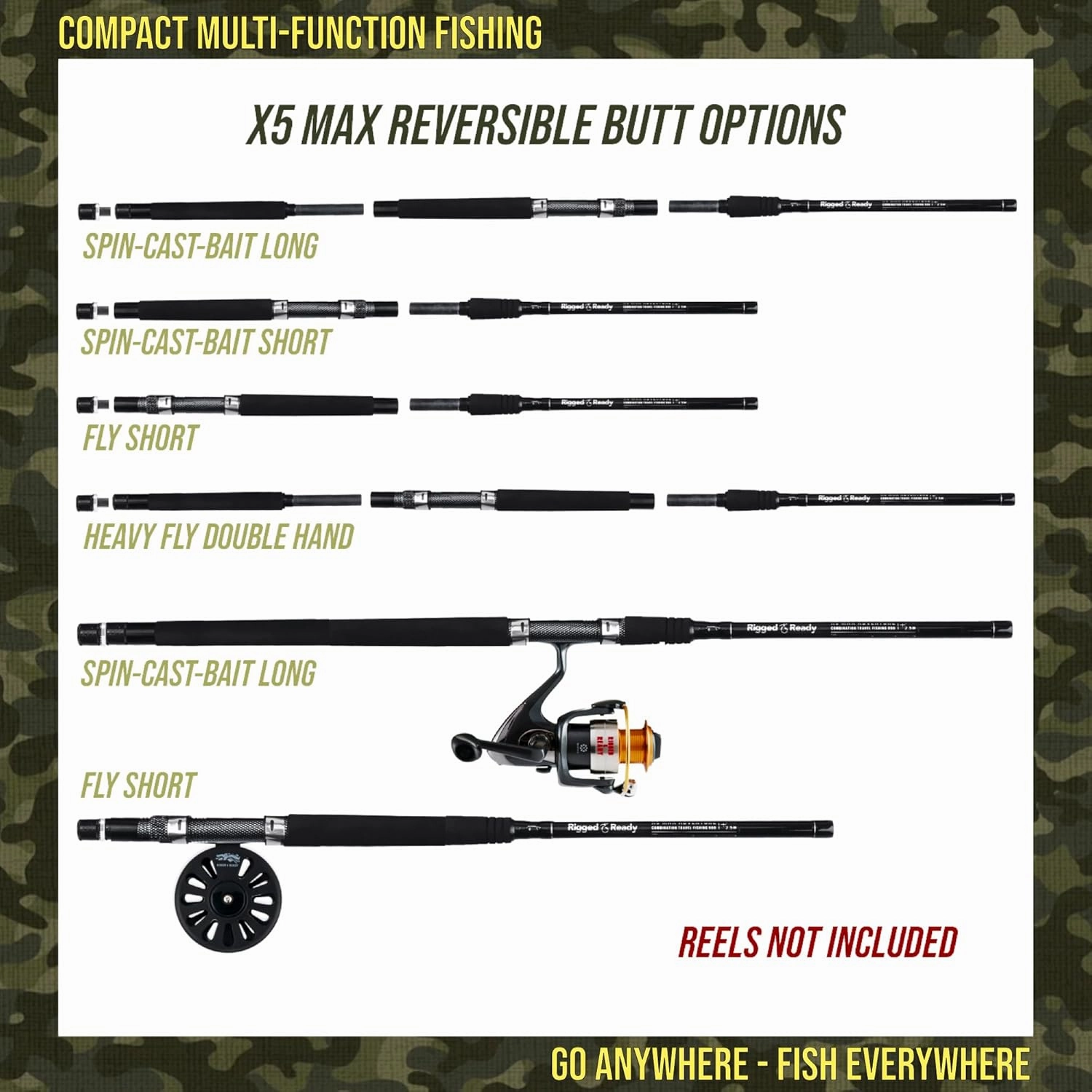 Rigged & Ready X Series Travel Fishing Rods. 6 Super Compact, Multi-Functional, Portable, Spin, Bass, Carp, Lure, Float, Fly Combos   Poles. 4 or 6 Tips & 5 to 25 Techniques Freshwater & Saltwater