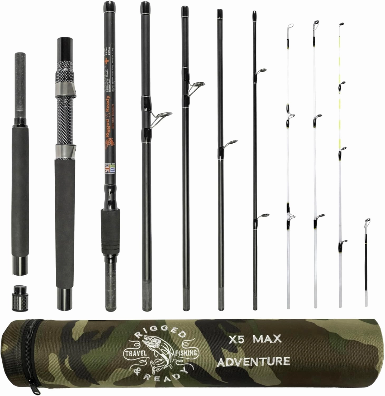 Rigged & Ready X Series Travel Fishing Rods. 6 Super Compact, Multi-Functional, Portable, Spin, Bass, Carp, Lure, Float, Fly Combos   Poles. 4 or 6 Tips & 5 to 25 Techniques Freshwater & Saltwater