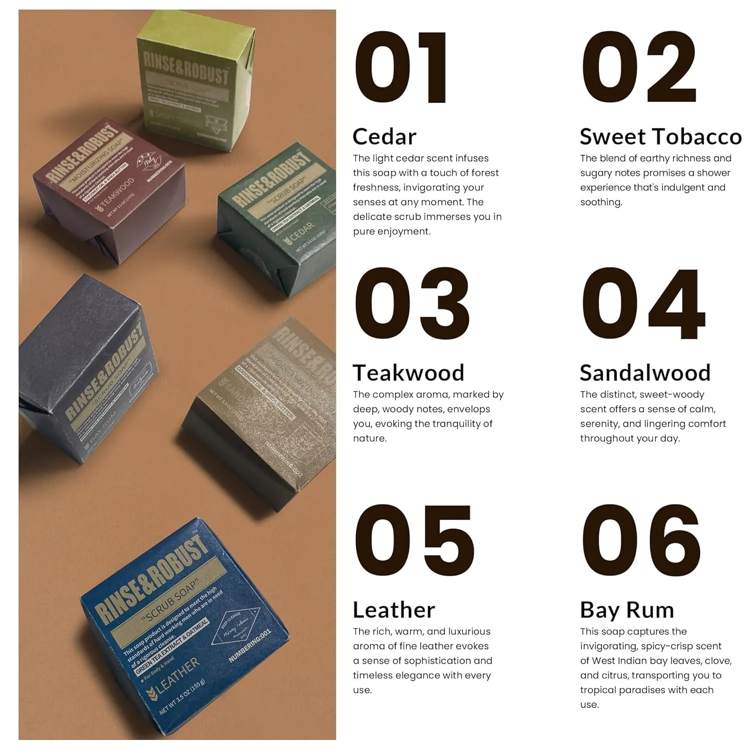 Rinse & Robust Mens Bar Soap 6Pcs Cleansing All Natural Handmade Mens Moisturizing&Exfoliating Oatmeal Scrub Soap Gift for Men Body&Hand All Skin Type|6 Different Scents |5.3 oz of 6 Bars