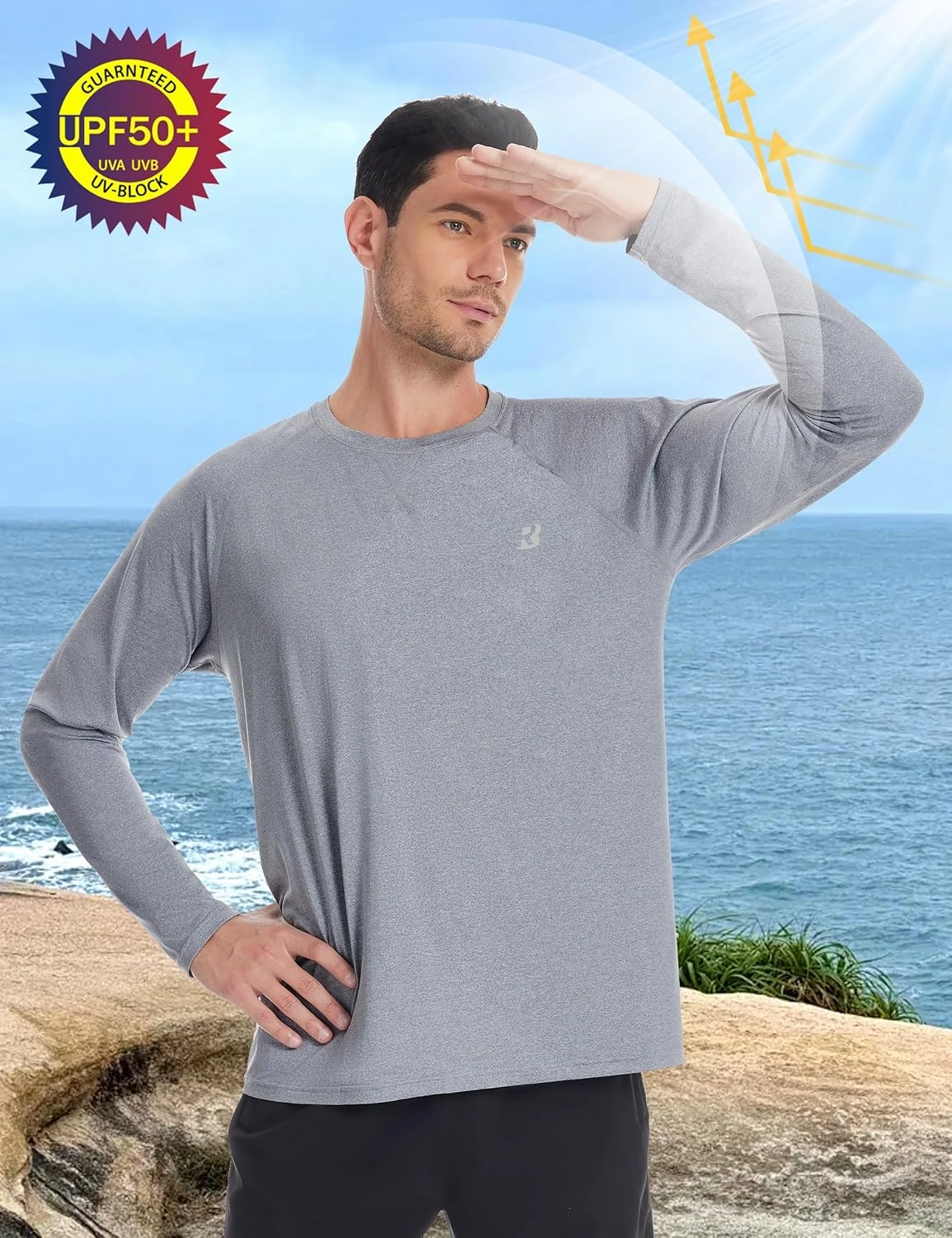 Roadbox UPF 50  Sun Shirts for Men, UV Protection Long Sleeve Swim Shirt, Lightweight Rash Guard for Fishing Hiking Running