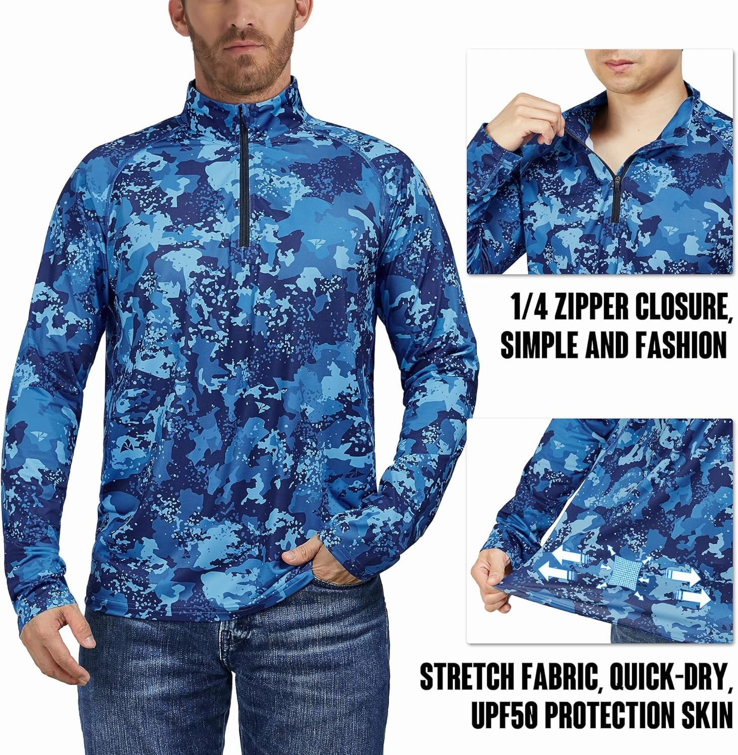 Rodeel Men's Running Hiking Shirts 1/4 Zip UPF 50  Sun Protection Long Sleeve Shirt