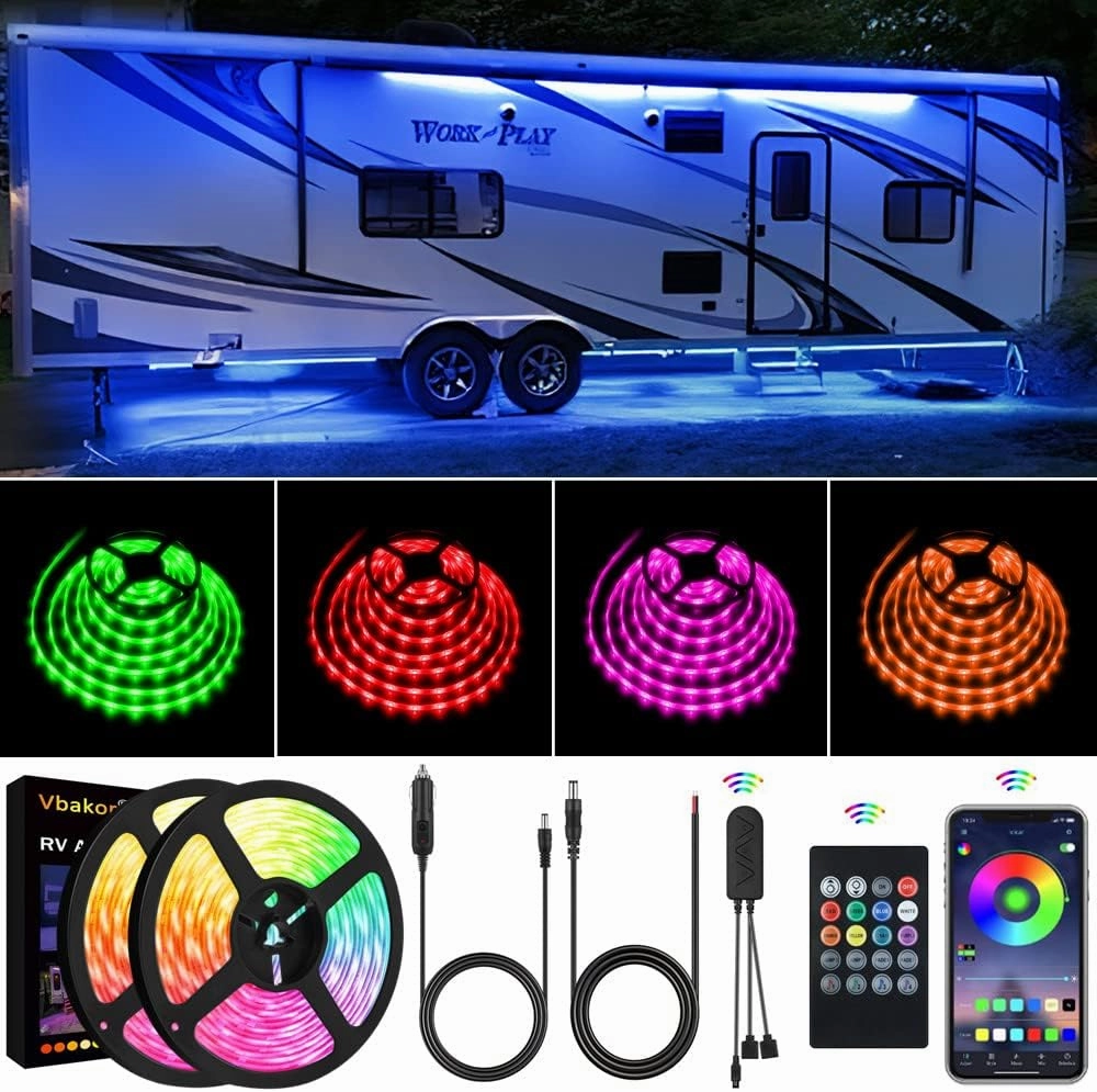 RV Awning Lights, 33FT RV Underglow Led Lights Kit, 12V Multi-Color Exterior Neon Accent Underbody Strip Lights for Camper Motorhome with Extension Cable, Music Sync, Waterproof