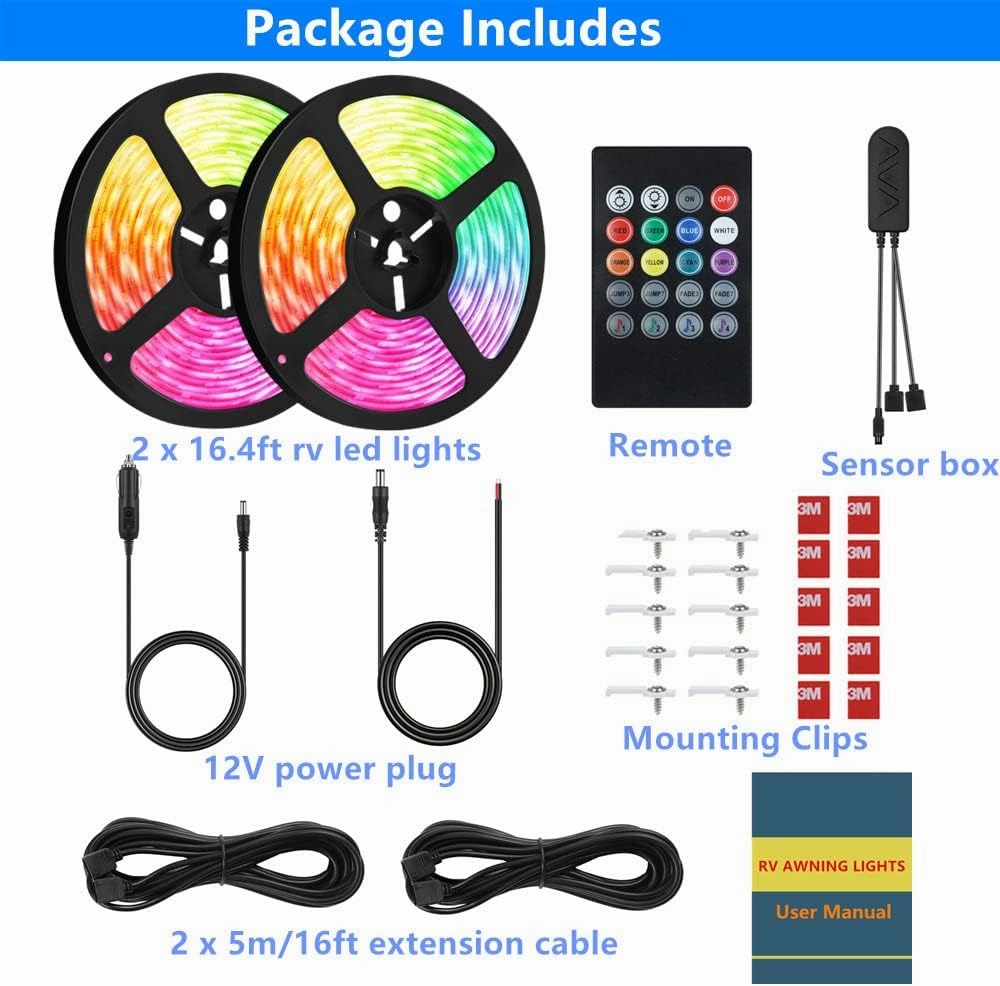 RV Awning Lights, 33FT RV Underglow Led Lights Kit, 12V Multi-Color Exterior Neon Accent Underbody Strip Lights for Camper Motorhome with Extension Cable, Music Sync, Waterproof