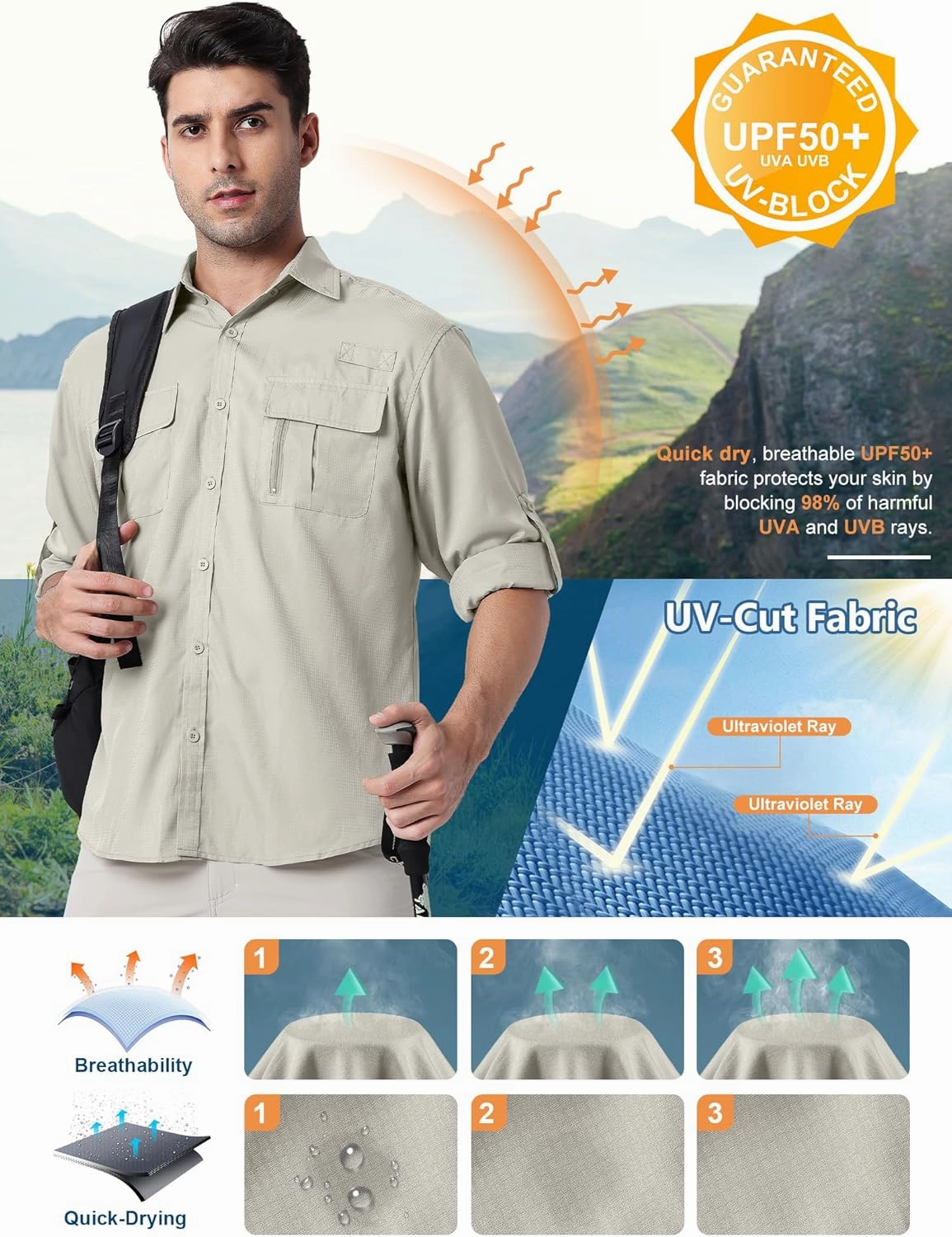 Safari Shirts for Men for Africa UV Sun Protection Lightweight Quick Dry Moisture Wicking for Hiking Fishing Travel Outdoor