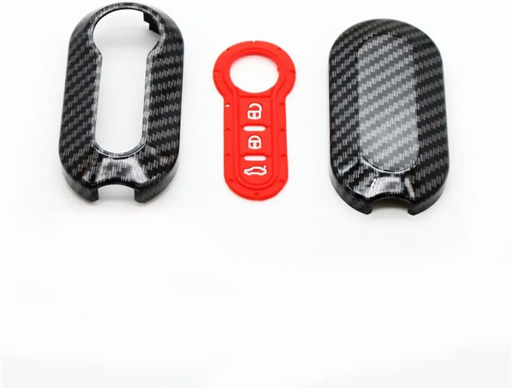 SANRILY ABS Carbon Fiber Texture Flip Key Fob Cover for Fiat 500 500c 500l 500x Keyless Full Protection Silicone Key Case with Kwychain Red